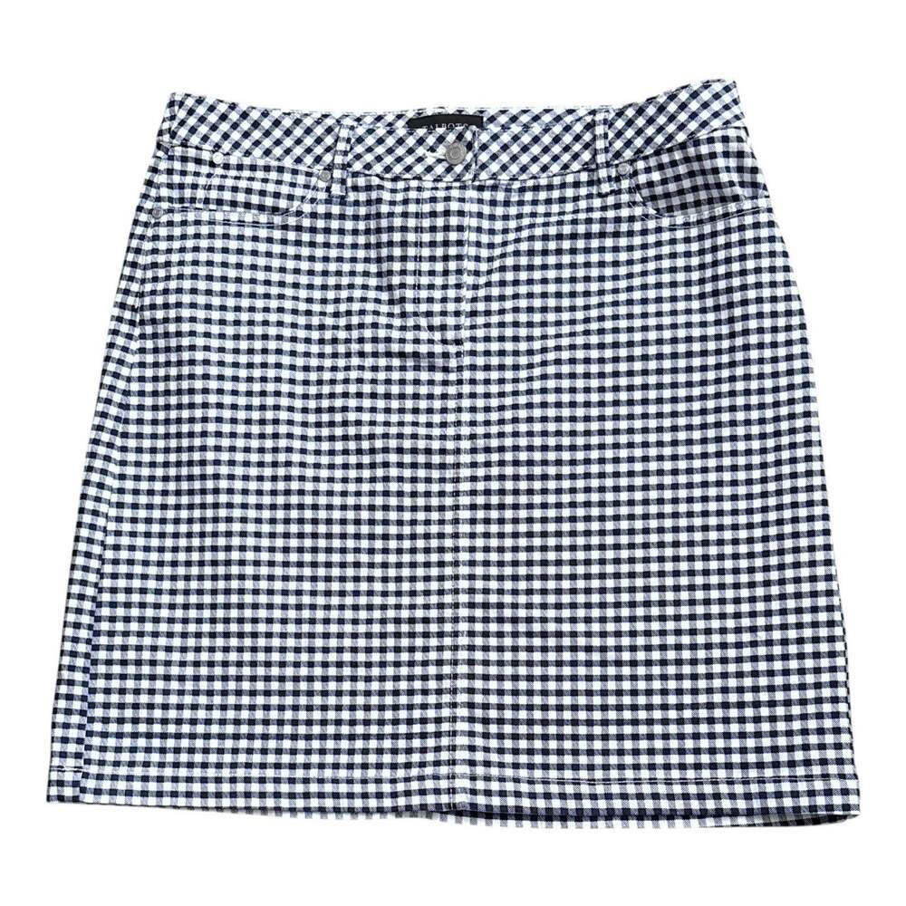 Talbots Skirt Womens 12 Navy Blue White Gingham Check Denim Stretch 5 Pocket